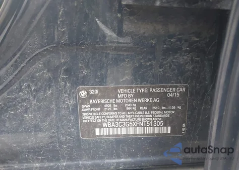 2015 BMW 320I xDrive из США, поврежденный, VIN WBA3C3G5XFNT51305